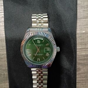 Silver and Green Watch with Day-Date Display